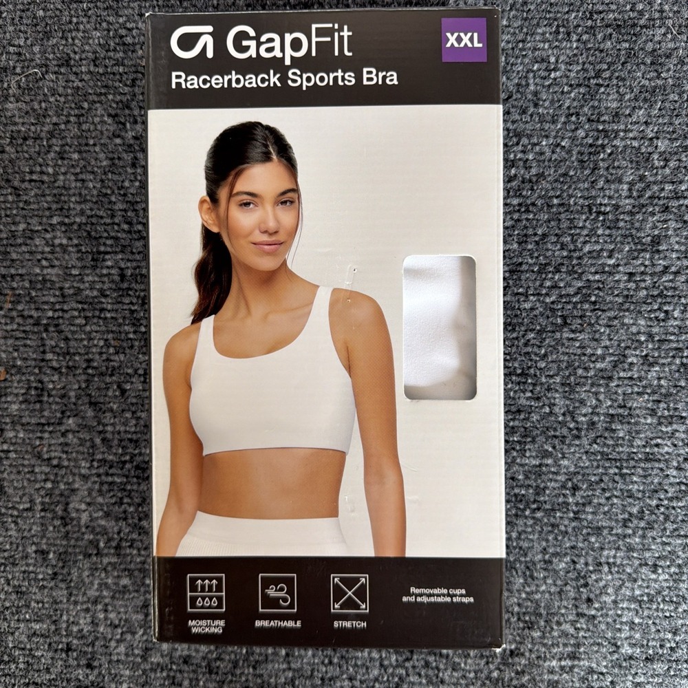 GapFit White Sports Bra XXL, Medium Support Racerback Wireless Pullover Full